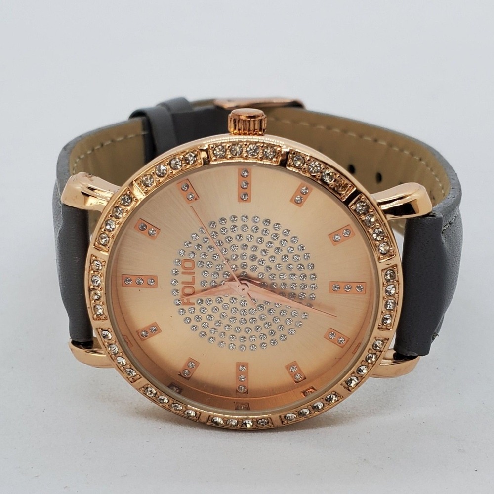 Folio 38MM Women's Watch Gold Dial Crystal Bezel Gray Leather Bands‎ New Battery